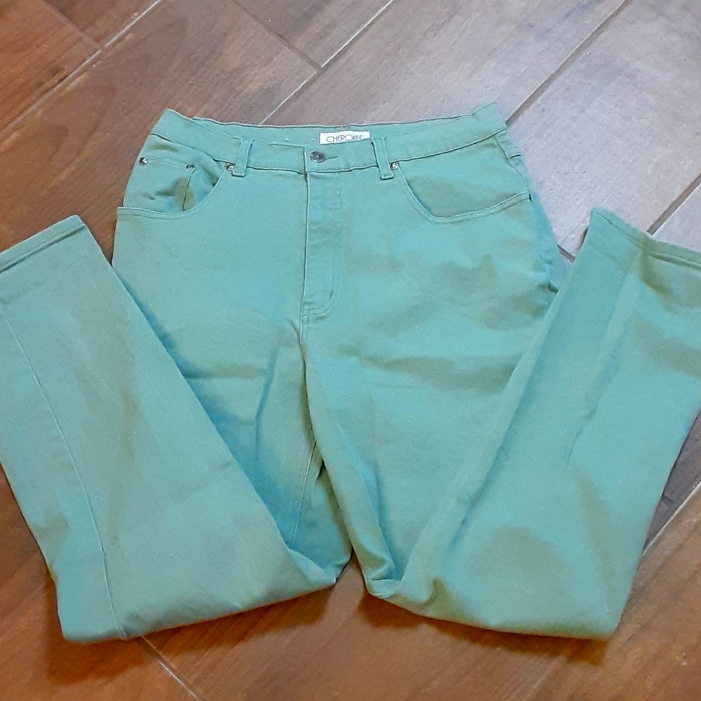 Cherokee classic stretch light sage green jeans high rise tapered size 16 EUC…